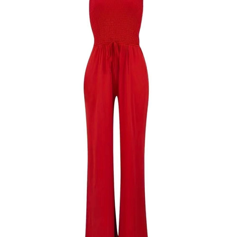 Drawstring Shirred Tube Jumpsuit, Casual Off Shoulder Wide Leg Jumpsuit, Women's - Picture 3 of 6
